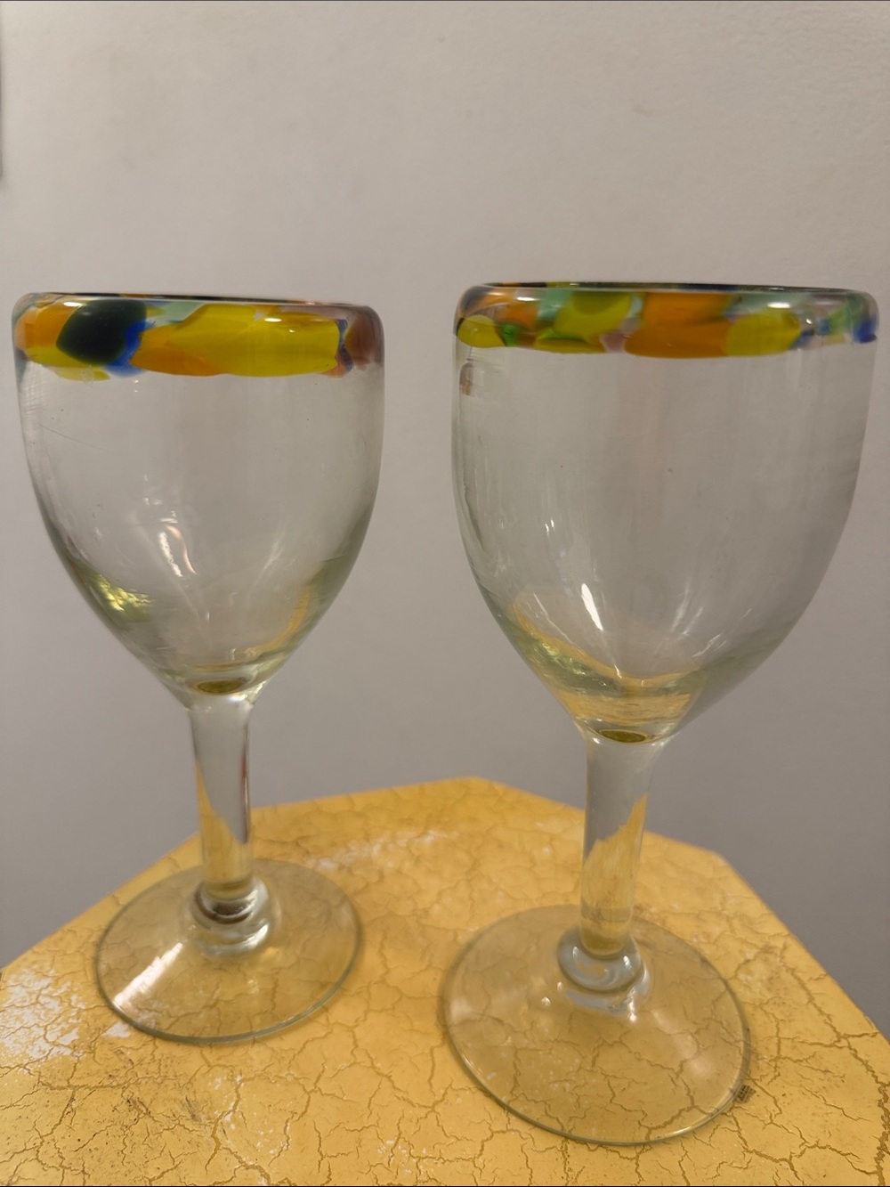 Hand-Blown Mexican  Glass Wine Glasses with Multicolor Rim - Set of 2